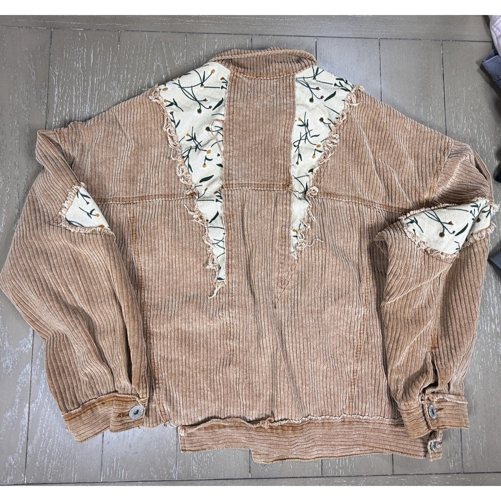 POL Jacket Womens Small Tan Corduroy Floral Patchwork Frayed Hem Oversized Boho - Picture 3 of 11